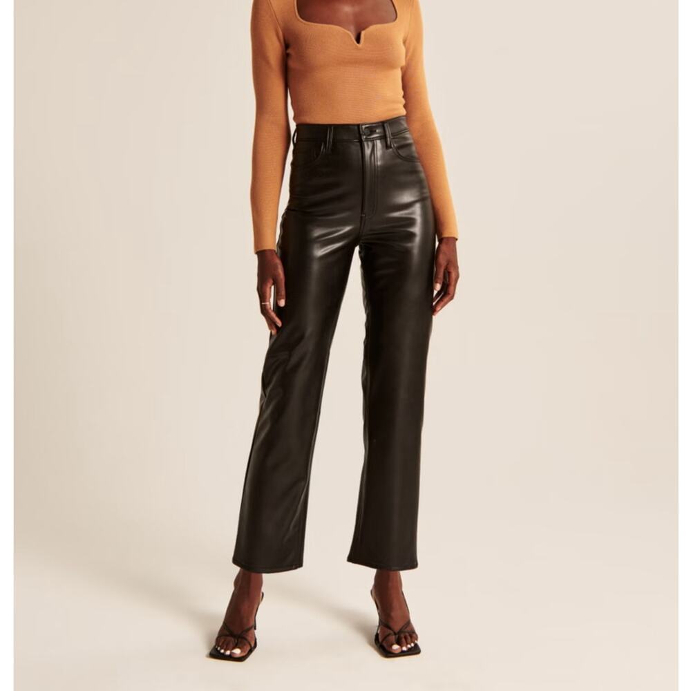 ABERCROMBIE & FITCH Faux Leather Vegan Ankle Straight Pants Black {3U46}